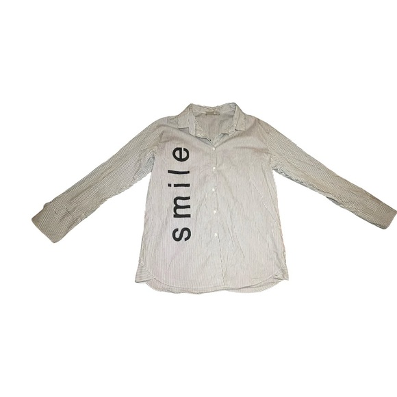 Zara Girls Smile Button Down Blouse Embroidered Black & White Stripes Size 13/14 - Picture 1 of 5